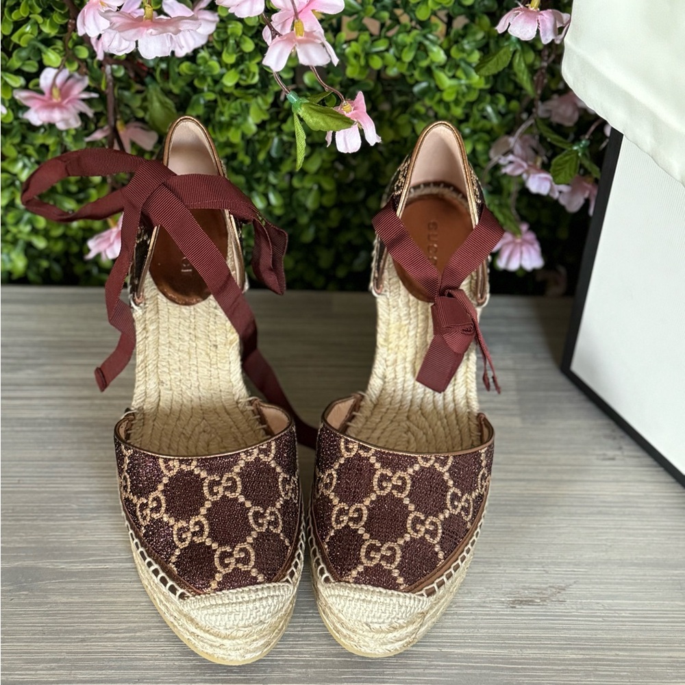 New Gucci brown bronze glitter wedge platform 40.5